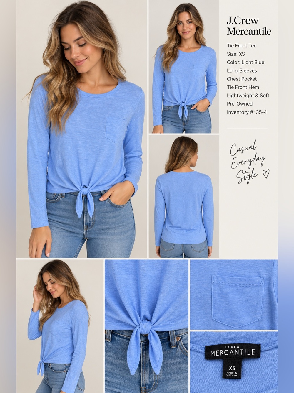 J.Crew Mercantile Women’s Blue Tie Front Long Sleeve Pocket Top Size XS